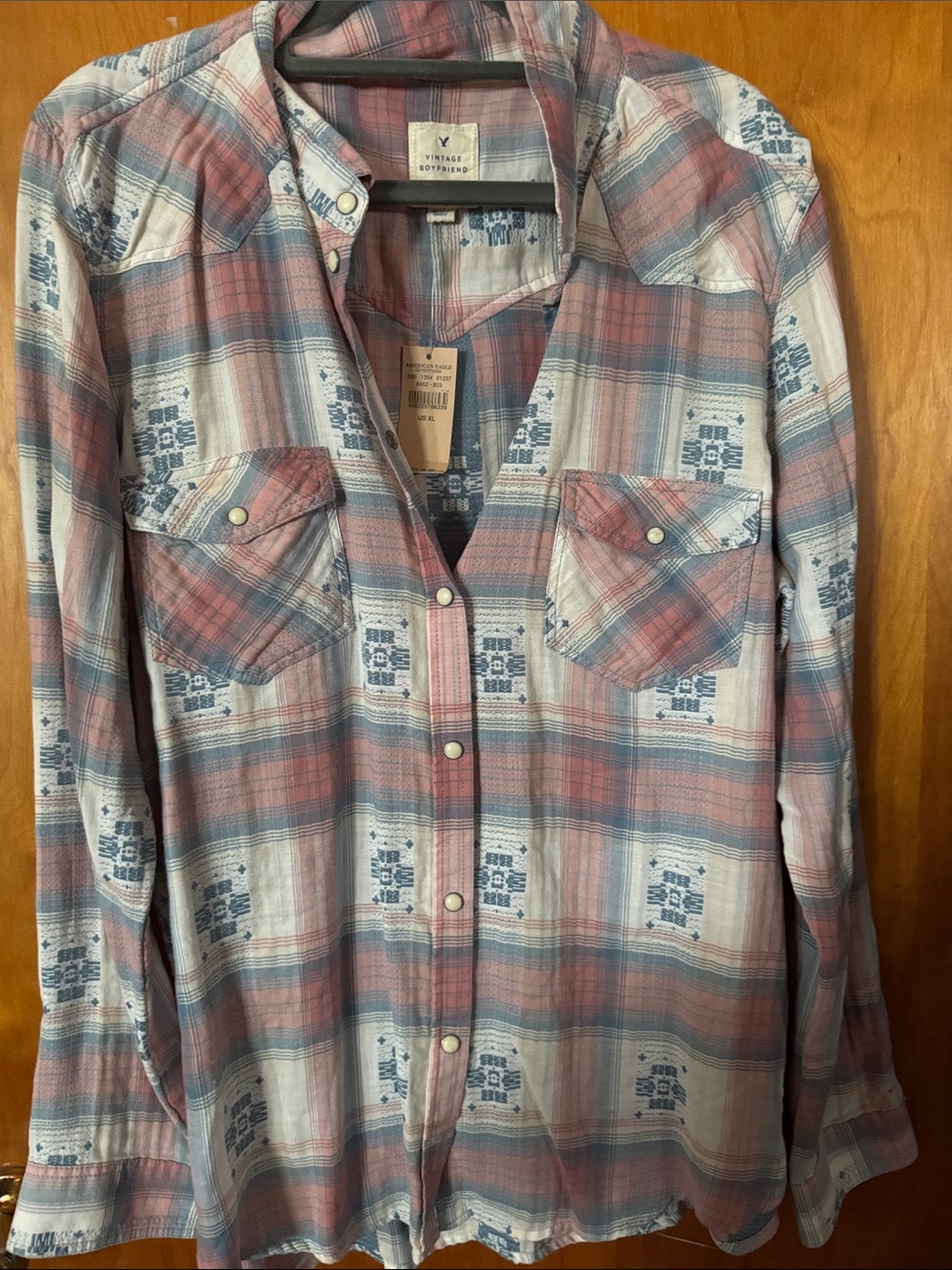American Eagle Outfitters Pink and Blue Plaid Button-Down Shirt